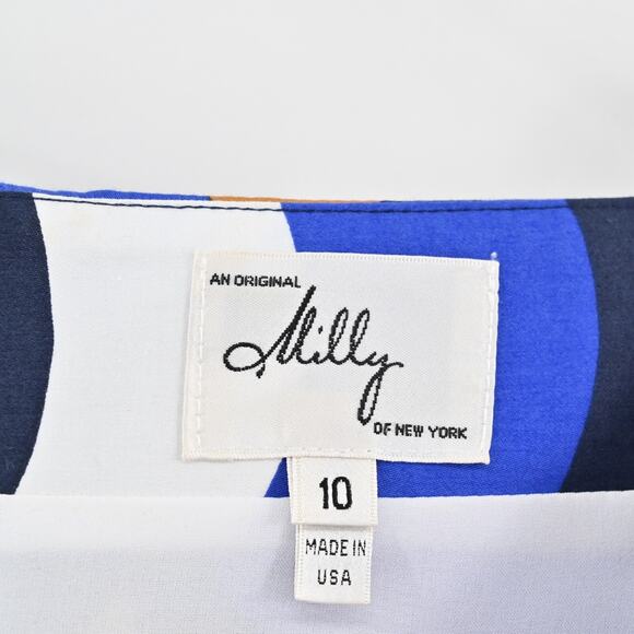 MILLY‎ Mini Sheath Dress Size 10 Blue Geometric Print Cotton Boat Neck Retro USA - Picture 7 of 12